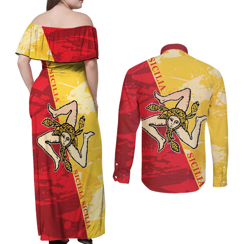 La Bandiera Regione Siciliana Couples Matching Off Shoulder Maxi Dress and Long Sleeve Button Shirt LT9 - Wonder Print Shop