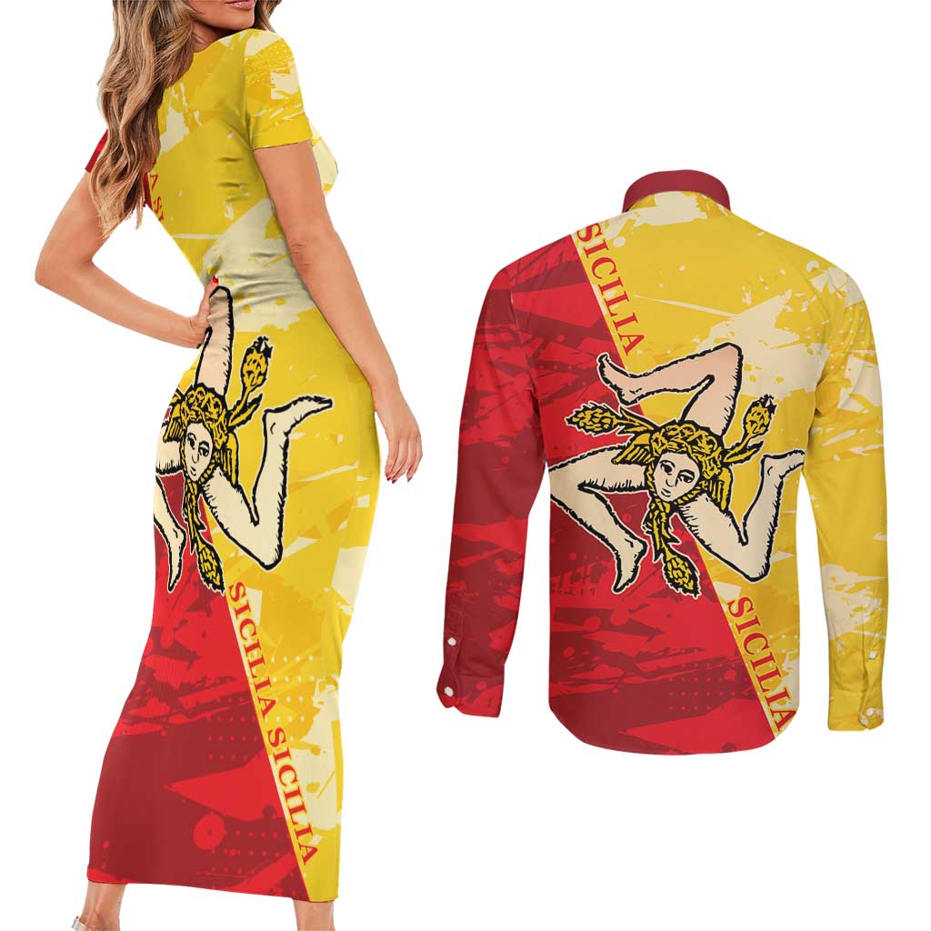 La Bandiera Regione Siciliana Couples Matching Short Sleeve Bodycon Dress and Long Sleeve Button Shirt LT9 - Wonder Print Shop