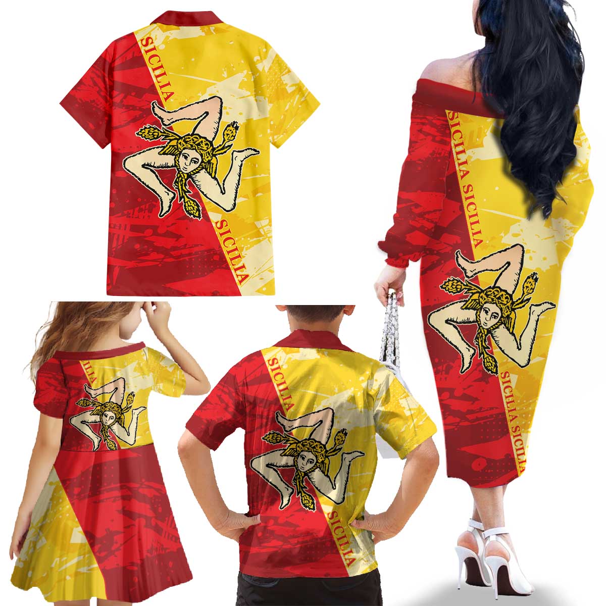 La Bandiera Regione Siciliana Family Matching Off The Shoulder Long Sleeve Dress and Hawaiian Shirt - Wonder Print Shop