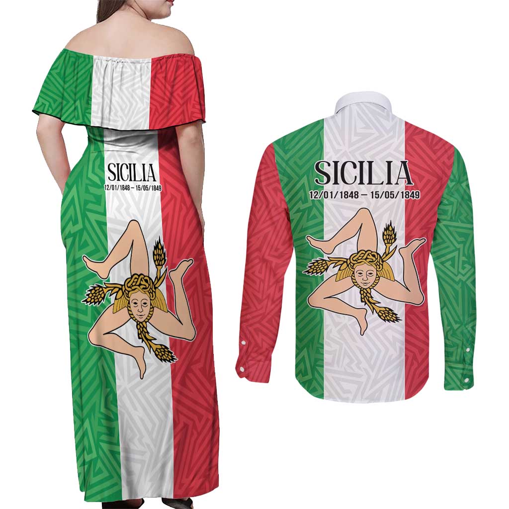 Sicilian Revolution of 1848 Couples Matching Off Shoulder Maxi Dress and Long Sleeve Button Shirt Bandiera del Regno di Sicilia 1848-1849 LT9 - Wonder Print Shop