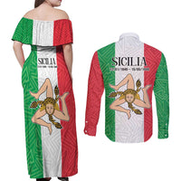 Sicilian Revolution of 1848 Couples Matching Off Shoulder Maxi Dress and Long Sleeve Button Shirt Bandiera del Regno di Sicilia 1848-1849 LT9 - Wonder Print Shop