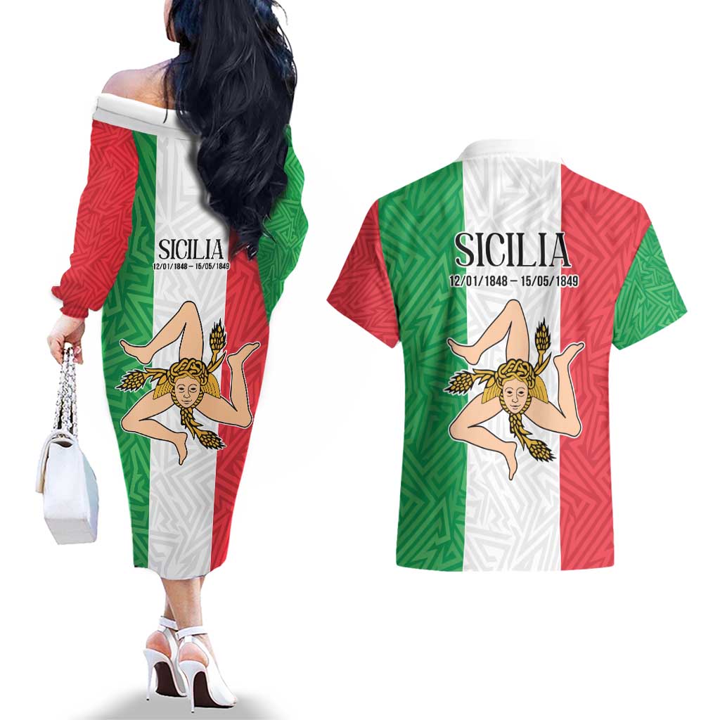 Sicilian Revolution of 1848 Couples Matching Off The Shoulder Long Sleeve Dress and Hawaiian Shirt Bandiera del Regno di Sicilia 1848-1849 LT9 - Wonder Print Shop