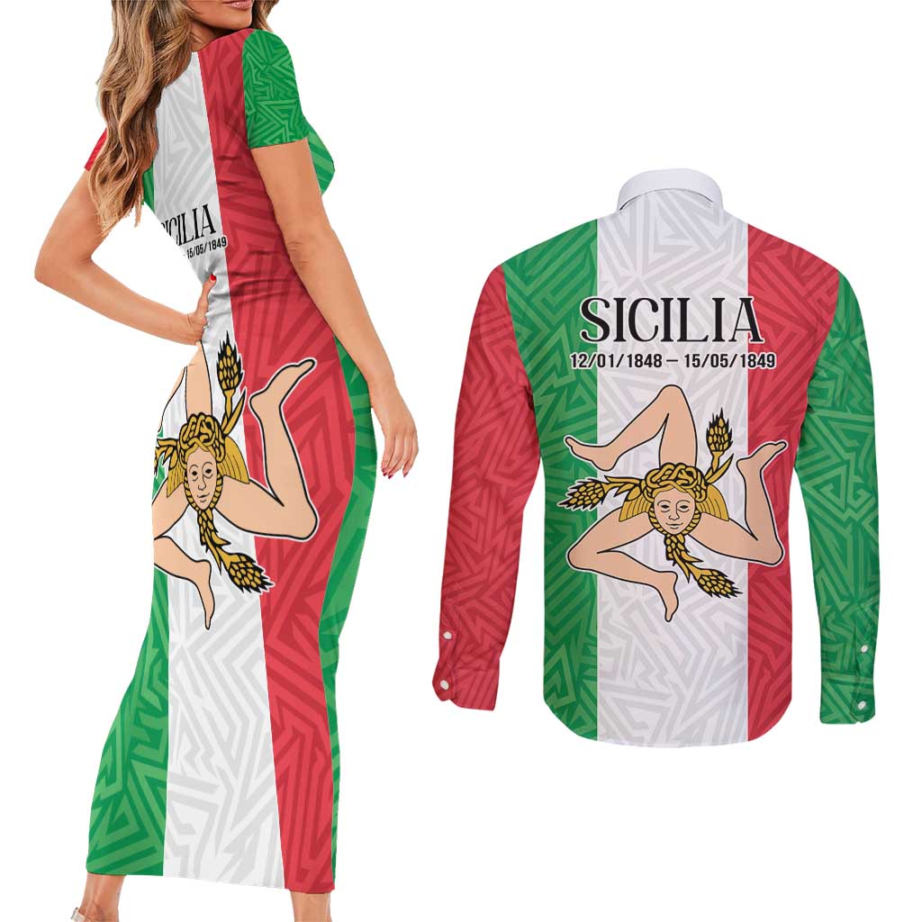 Sicilian Revolution of 1848 Couples Matching Short Sleeve Bodycon Dress and Long Sleeve Button Shirt Bandiera del Regno di Sicilia 1848-1849 LT9 - Wonder Print Shop