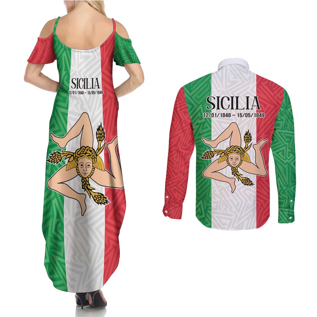 Sicilian Revolution of 1848 Couples Matching Summer Maxi Dress and Long Sleeve Button Shirt Bandiera del Regno di Sicilia 1848-1849 LT9 - Wonder Print Shop