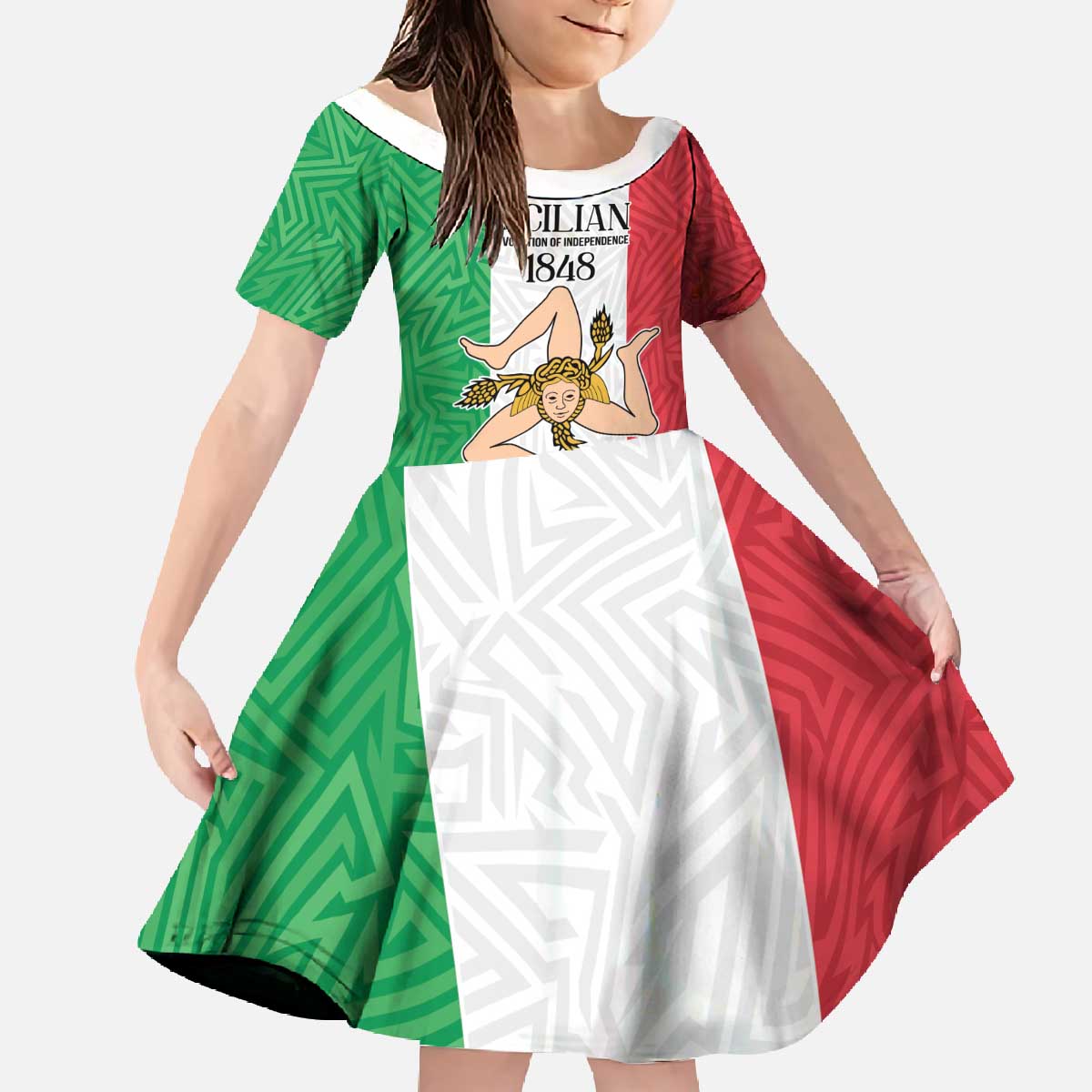 Sicilian Revolution of 1848 Family Matching Off The Shoulder Long Sleeve Dress and Hawaiian Shirt Bandiera del Regno di Sicilia 1848-1849 - Wonder Print Shop