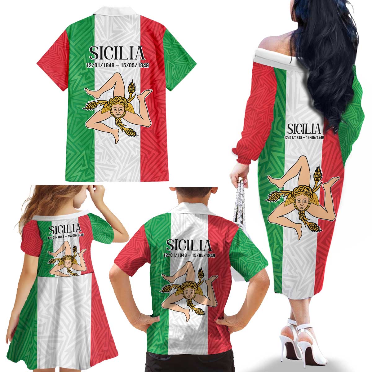 Sicilian Revolution of 1848 Family Matching Off The Shoulder Long Sleeve Dress and Hawaiian Shirt Bandiera del Regno di Sicilia 1848-1849 - Wonder Print Shop