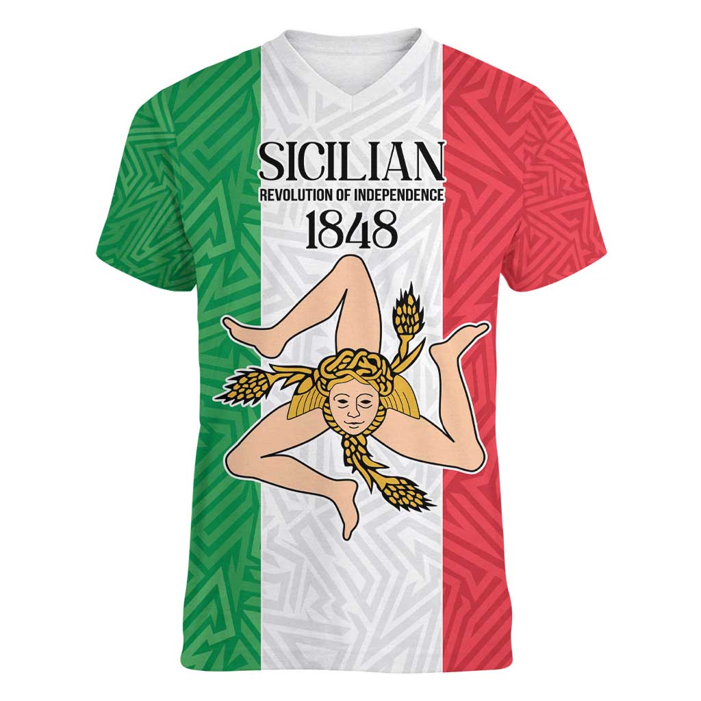 Sicilian Revolution of 1848 Women V-Neck T-Shirt Bandiera del Regno di Sicilia 1848-1849 - Wonder Print Shop