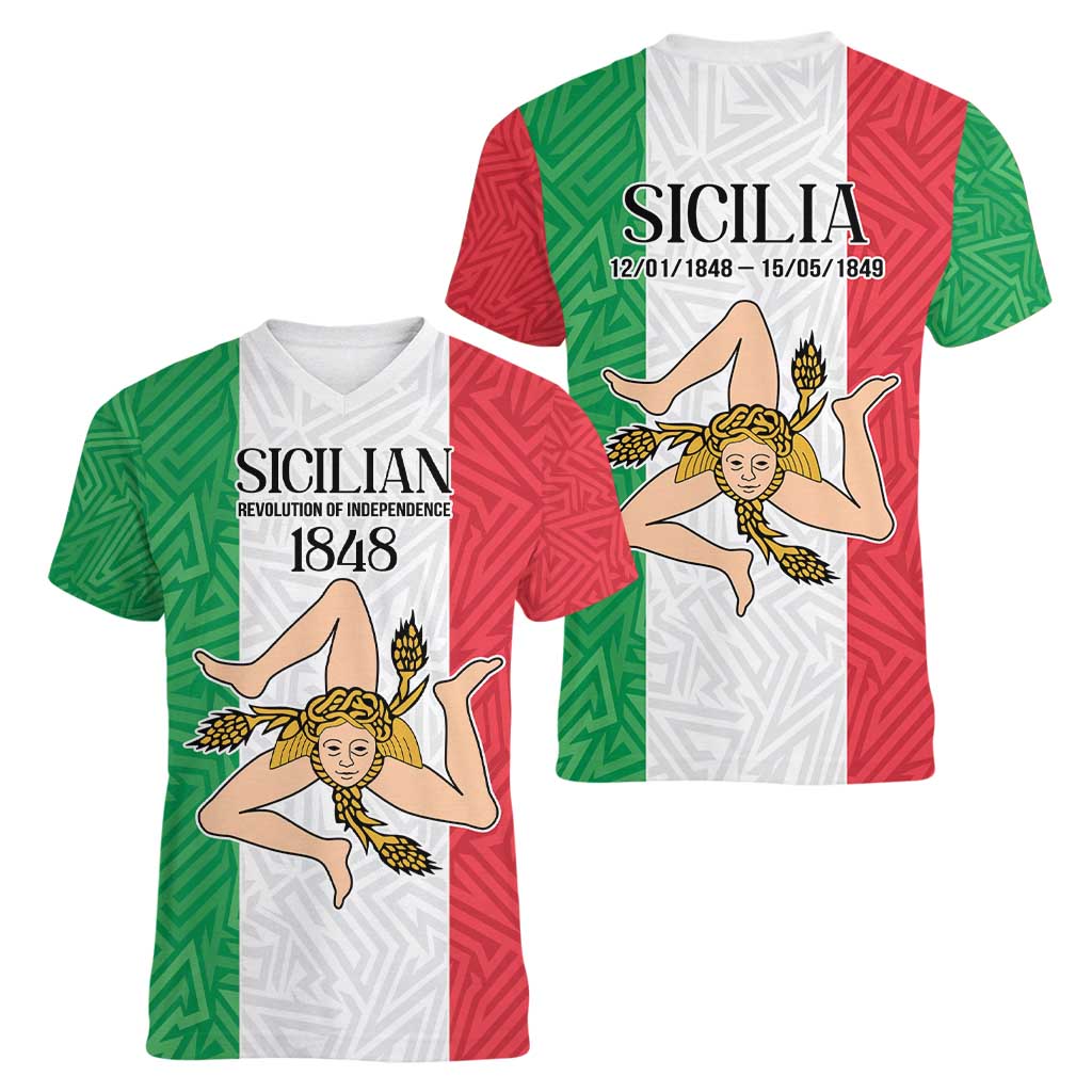 Sicilian Revolution of 1848 Women V-Neck T-Shirt Bandiera del Regno di Sicilia 1848-1849 - Wonder Print Shop