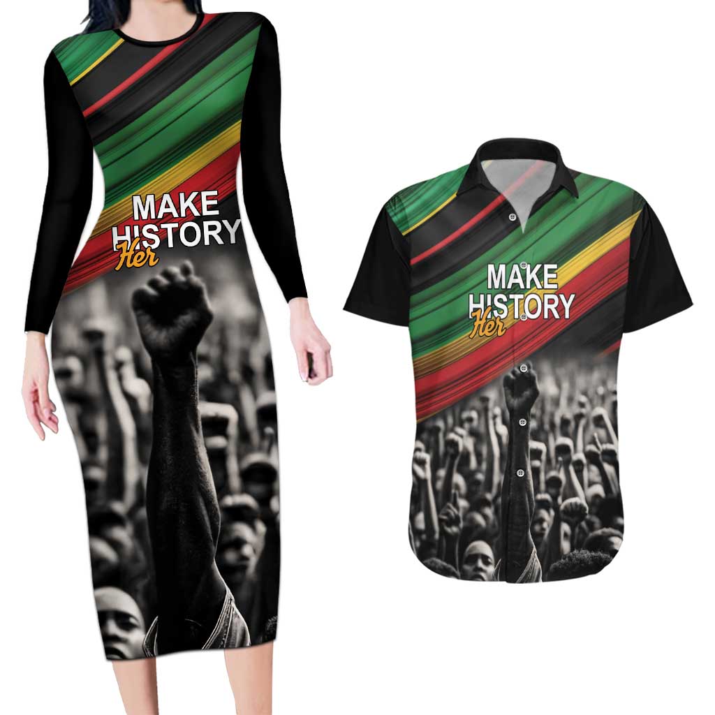 Make His-Herstories Couples Matching Long Sleeve Bodycon Dress and Hawaiian Shirt Black Power Hand and Pan-African Flag LT9 - Wonder Print Shop