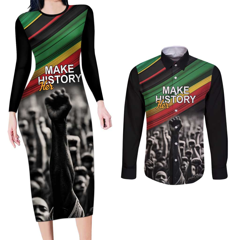 Make His-Herstories Couples Matching Long Sleeve Bodycon Dress and Long Sleeve Button Shirt Black Power Hand and Pan-African Flag LT9 - Wonder Print Shop