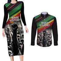 Make His-Herstories Couples Matching Long Sleeve Bodycon Dress and Long Sleeve Button Shirt Black Power Hand and Pan-African Flag LT9 - Wonder Print Shop