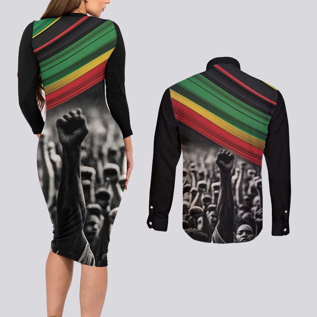 Make His-Herstories Couples Matching Long Sleeve Bodycon Dress and Long Sleeve Button Shirt Black Power Hand and Pan-African Flag LT9 - Wonder Print Shop