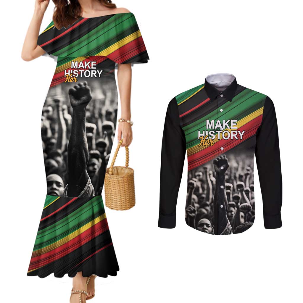 Make His-Herstories Couples Matching Mermaid Dress and Long Sleeve Button Shirt Black Power Hand and Pan-African Flag