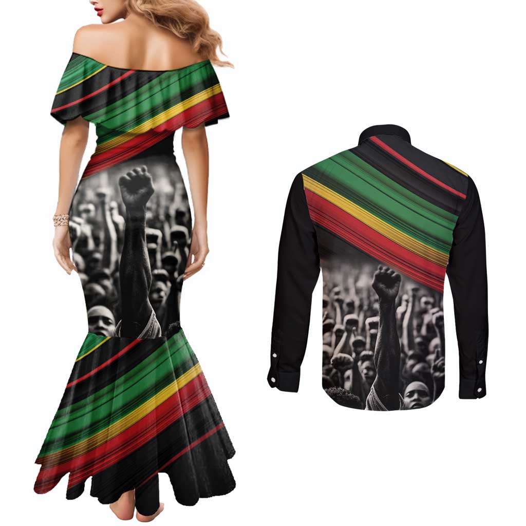 Make His-Herstories Couples Matching Mermaid Dress and Long Sleeve Button Shirt Black Power Hand and Pan-African Flag