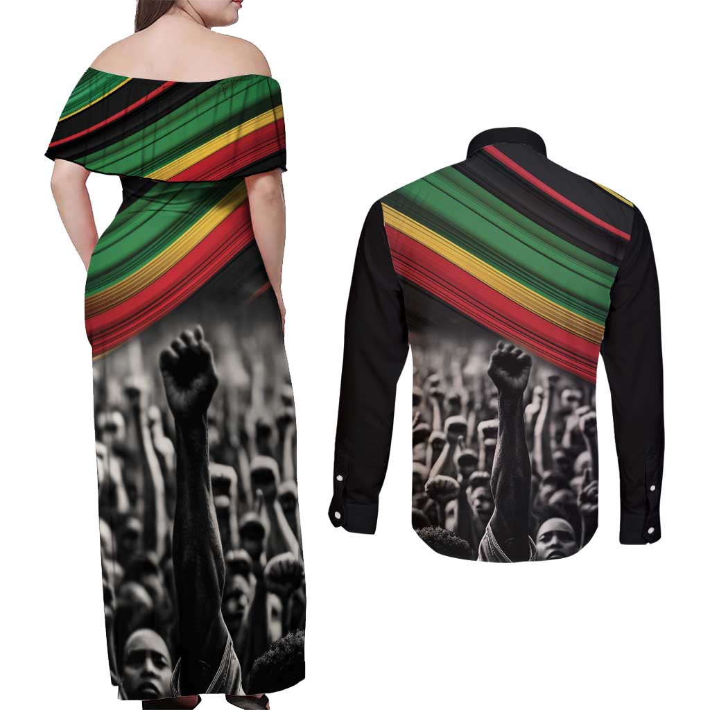 Make His-Herstories Couples Matching Off Shoulder Maxi Dress and Long Sleeve Button Shirt Black Power Hand and Pan-African Flag LT9 - Wonder Print Shop