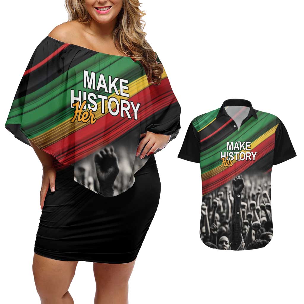 Make His-Herstories Couples Matching Off Shoulder Short Dress and Hawaiian Shirt Black Power Hand and Pan-African Flag LT9 - Wonder Print Shop