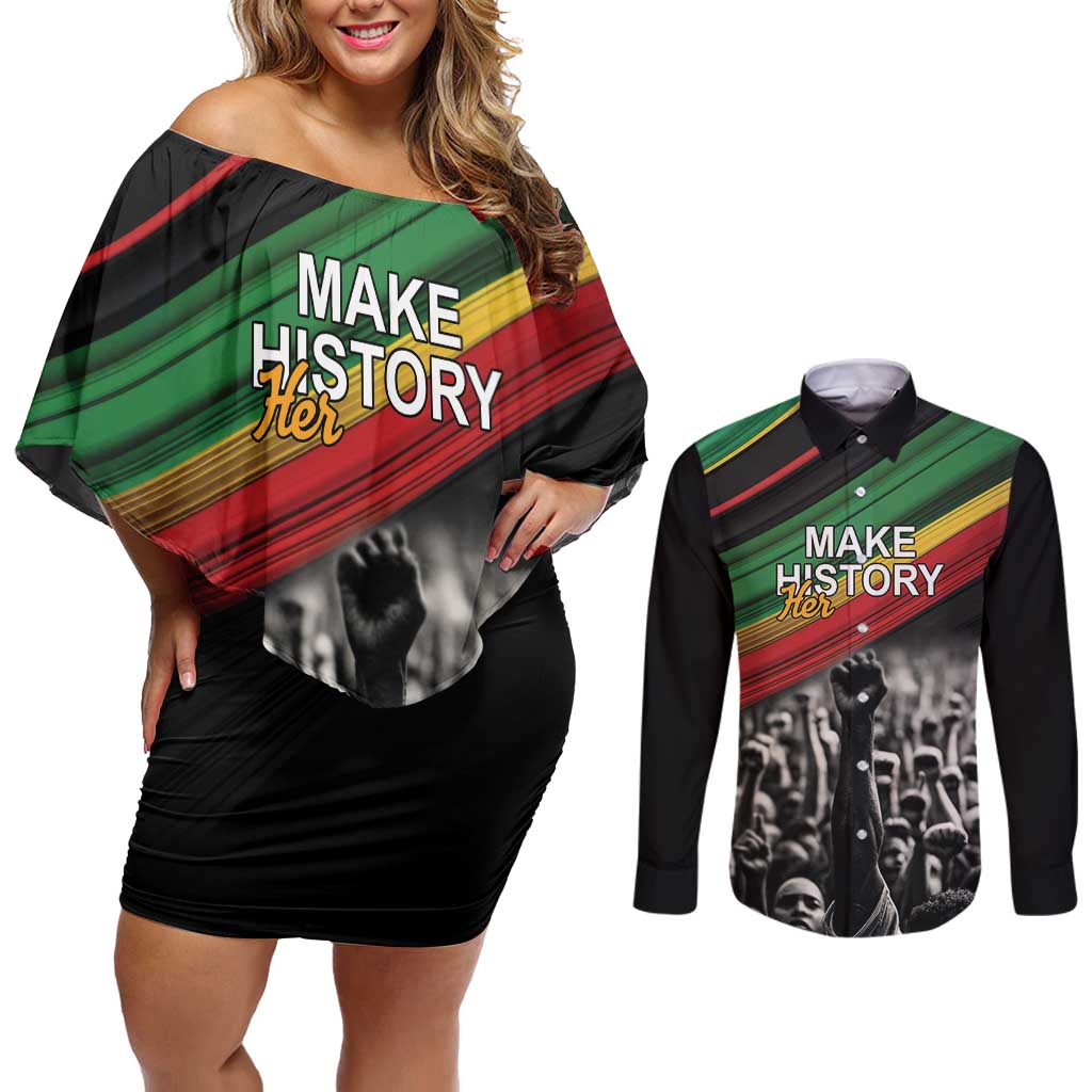 Make His-Herstories Couples Matching Off Shoulder Short Dress and Long Sleeve Button Shirt Black Power Hand and Pan-African Flag LT9 - Wonder Print Shop