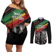 Make His-Herstories Couples Matching Off Shoulder Short Dress and Long Sleeve Button Shirt Black Power Hand and Pan-African Flag LT9 - Wonder Print Shop