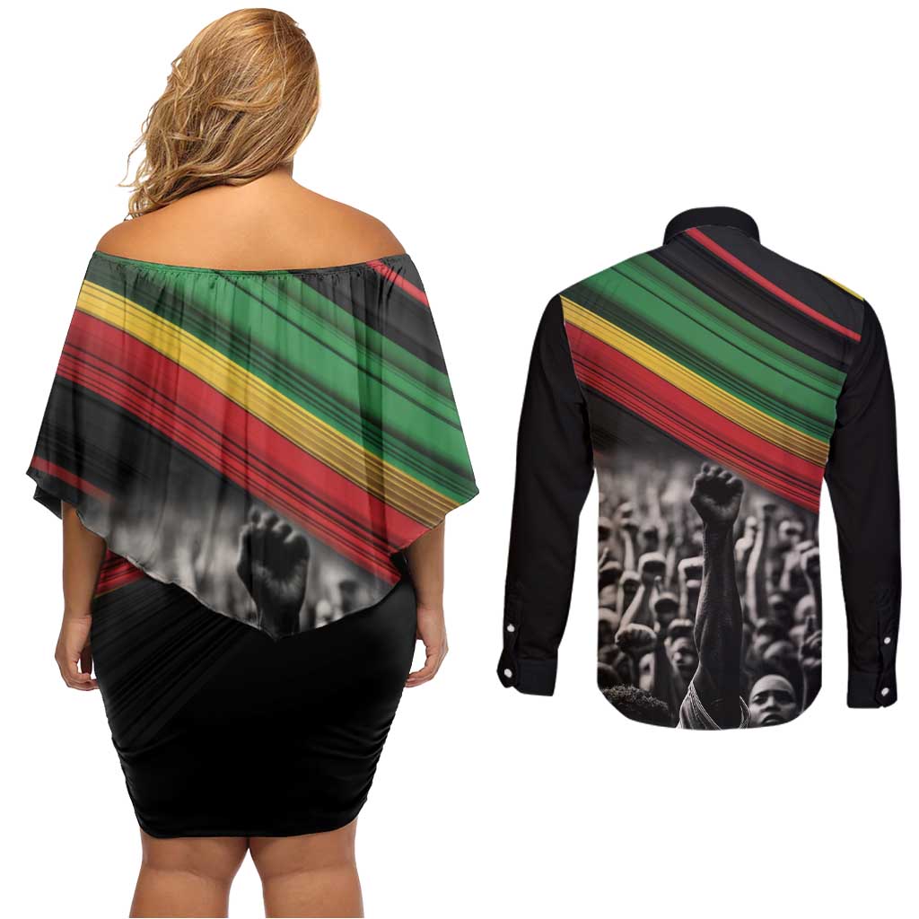 Make His-Herstories Couples Matching Off Shoulder Short Dress and Long Sleeve Button Shirt Black Power Hand and Pan-African Flag LT9 - Wonder Print Shop