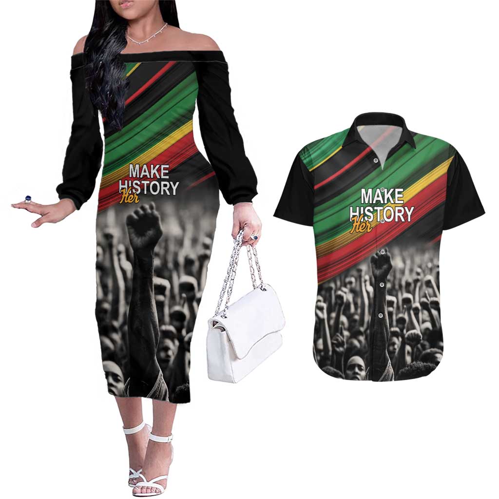 Make His-Herstories Couples Matching Off The Shoulder Long Sleeve Dress and Hawaiian Shirt Black Power Hand and Pan-African Flag LT9 - Wonder Print Shop