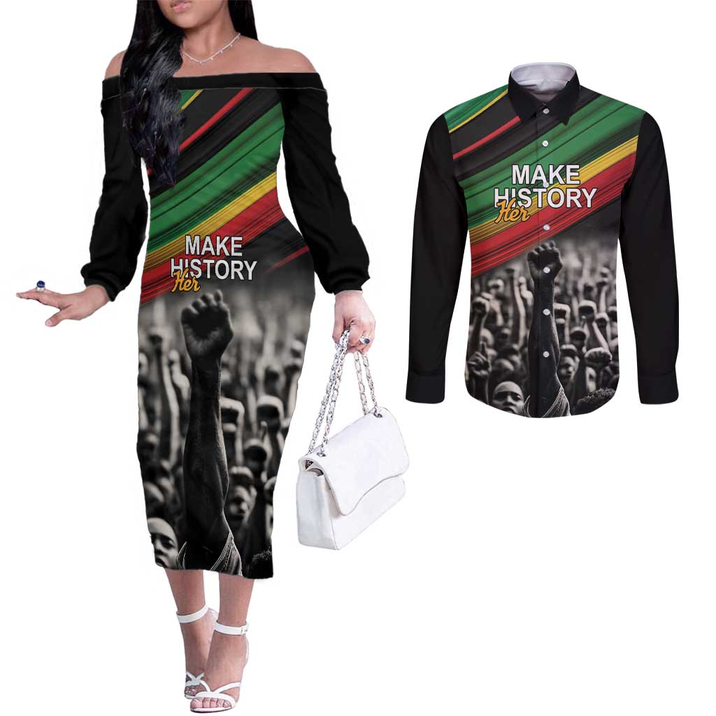 Make His-Herstories Couples Matching Off The Shoulder Long Sleeve Dress and Long Sleeve Button Shirt Black Power Hand and Pan-African Flag