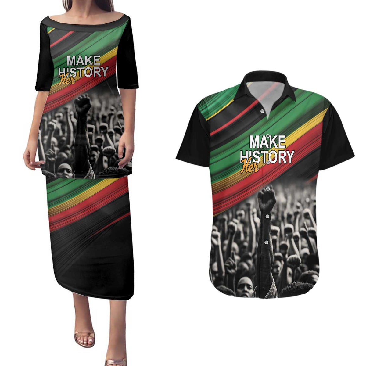 Make His-Herstories Couples Matching Puletasi and Hawaiian Shirt Black Power Hand and Pan-African Flag LT9 - Wonder Print Shop