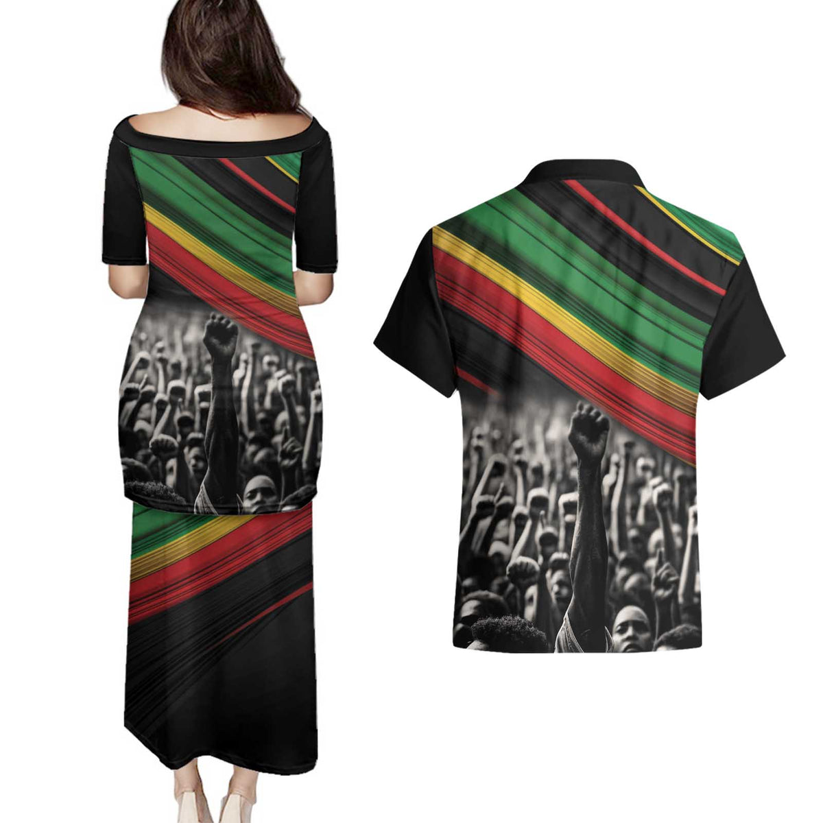 Make His-Herstories Couples Matching Puletasi and Hawaiian Shirt Black Power Hand and Pan-African Flag LT9 - Wonder Print Shop