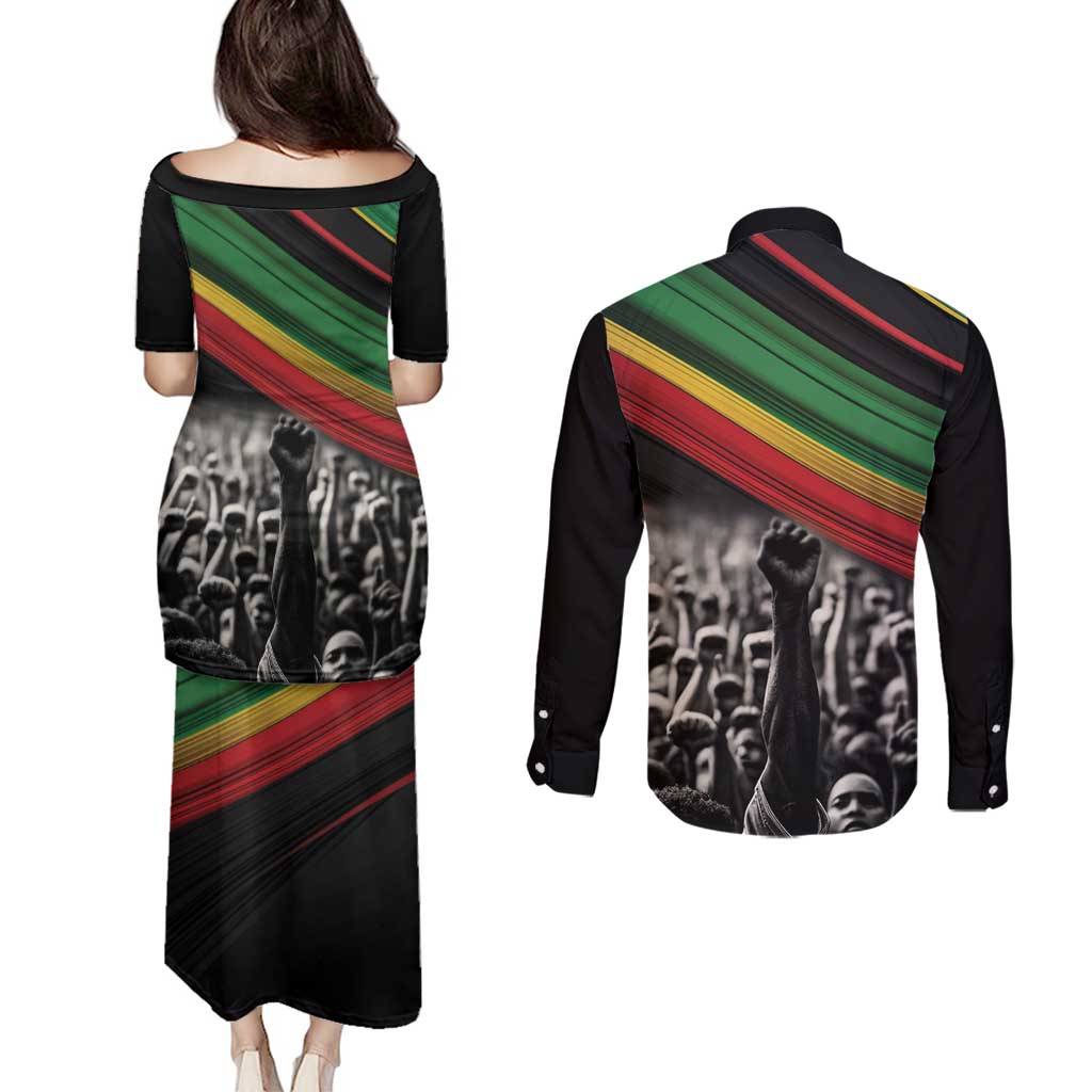 Make His-Herstories Couples Matching Puletasi and Long Sleeve Button Shirt Black Power Hand and Pan-African Flag LT9 - Wonder Print Shop