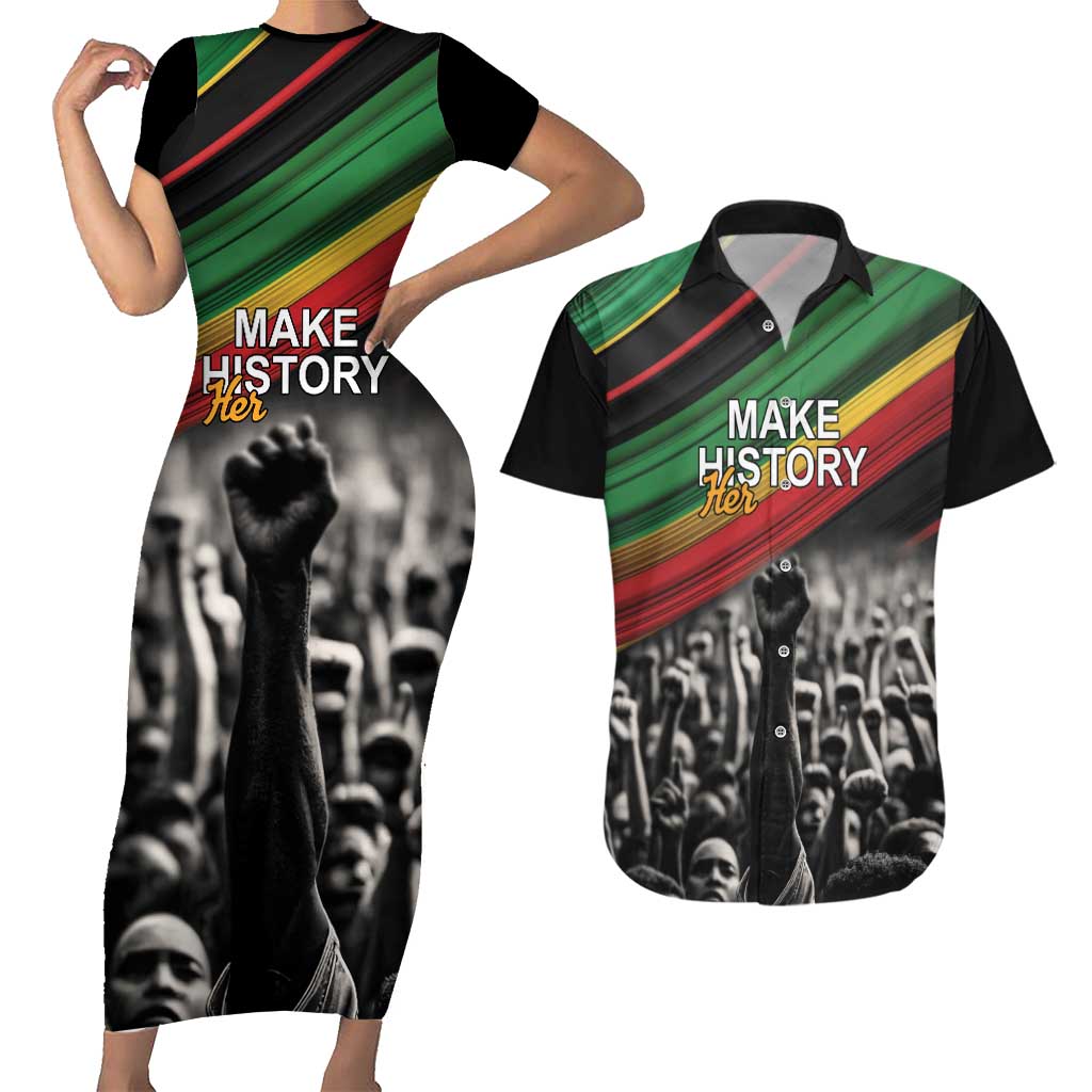 Make His-Herstories Couples Matching Short Sleeve Bodycon Dress and Hawaiian Shirt Black Power Hand and Pan-African Flag LT9 - Wonder Print Shop
