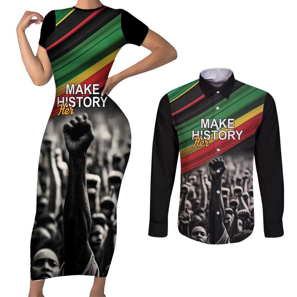 Make His-Herstories Couples Matching Short Sleeve Bodycon Dress and Long Sleeve Button Shirt Black Power Hand and Pan-African Flag LT9 - Wonder Print Shop