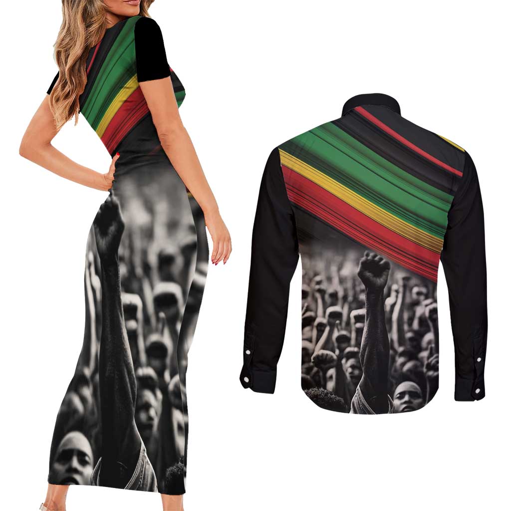 Make His-Herstories Couples Matching Short Sleeve Bodycon Dress and Long Sleeve Button Shirt Black Power Hand and Pan-African Flag LT9 - Wonder Print Shop