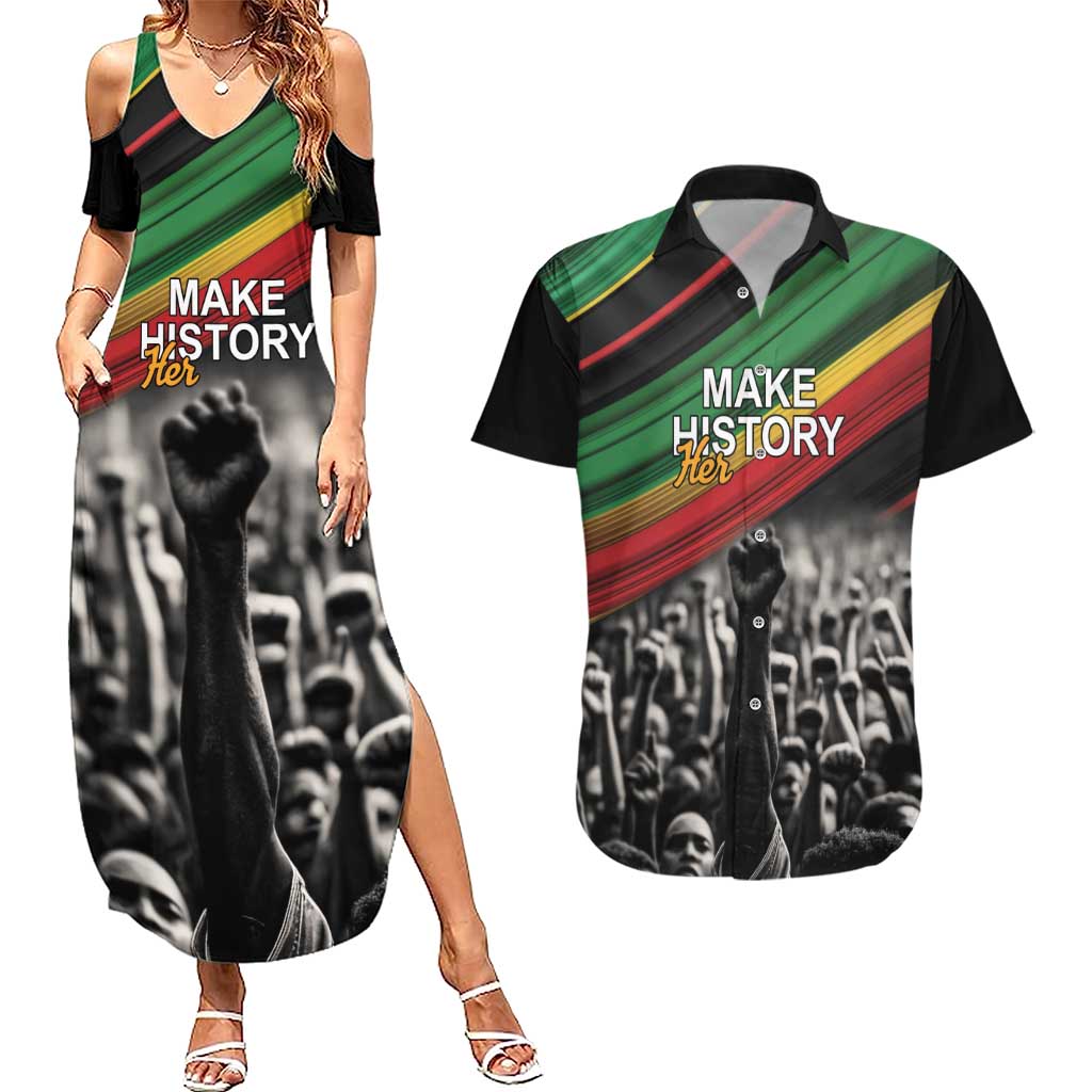 Make His-Herstories Couples Matching Summer Maxi Dress and Hawaiian Shirt Black Power Hand and Pan-African Flag LT9 - Wonder Print Shop