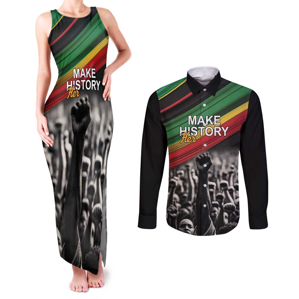Make His-Herstories Couples Matching Tank Maxi Dress and Long Sleeve Button Shirt Black Power Hand and Pan-African Flag LT9 - Wonder Print Shop