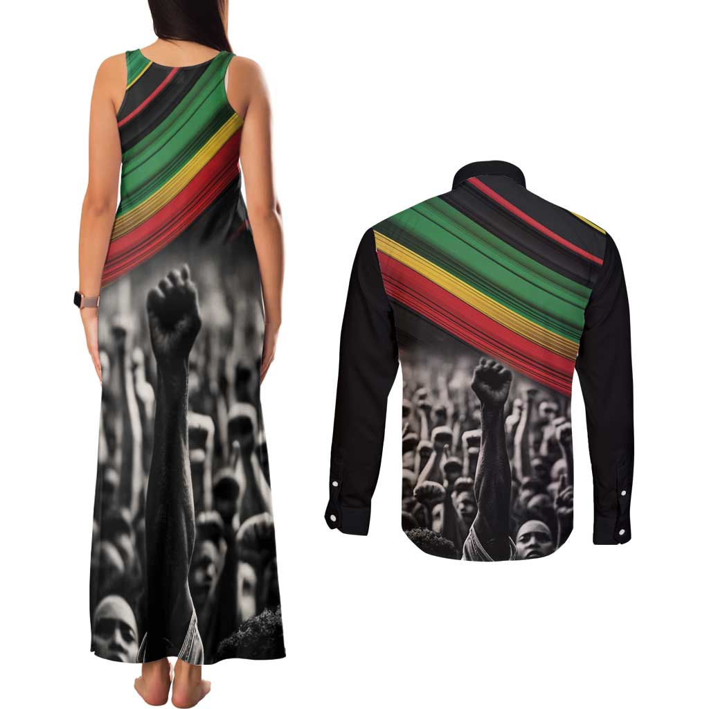 Make His-Herstories Couples Matching Tank Maxi Dress and Long Sleeve Button Shirt Black Power Hand and Pan-African Flag LT9 - Wonder Print Shop