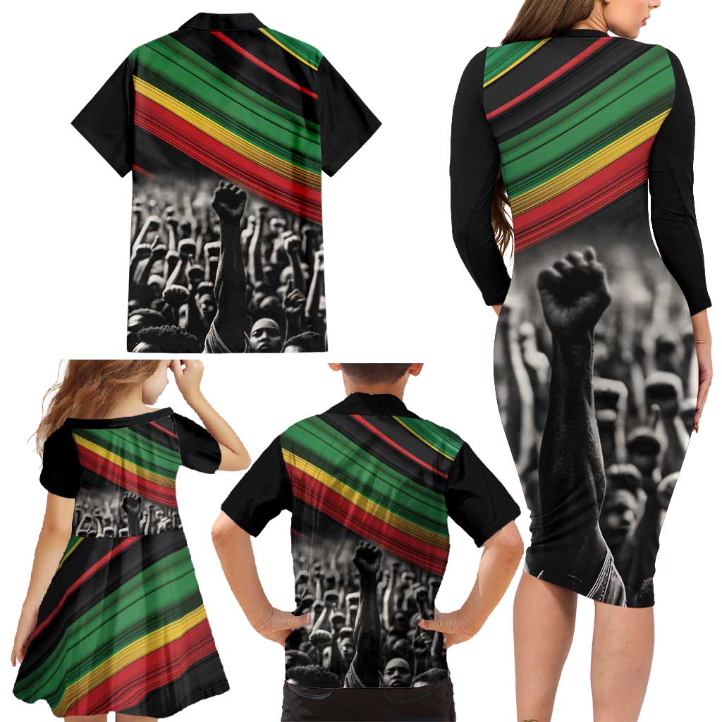 Make His-Herstories Family Matching Long Sleeve Bodycon Dress and Hawaiian Shirt Black Power Hand and Pan-African Flag LT9 - Wonder Print Shop