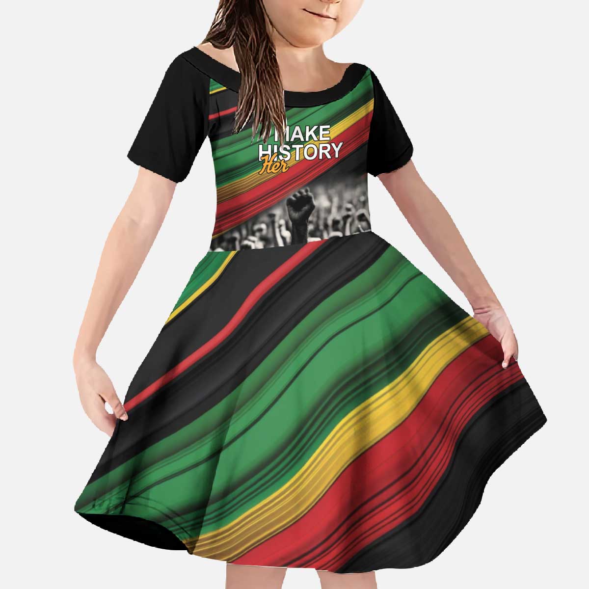 Make His-Herstories Family Matching Off The Shoulder Long Sleeve Dress and Hawaiian Shirt Black Power Hand and Pan-African Flag - Wonder Print Shop