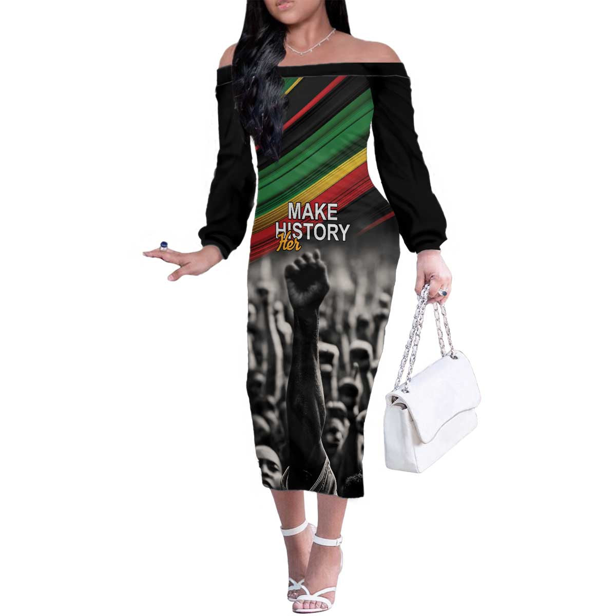 Make His-Herstories Family Matching Off The Shoulder Long Sleeve Dress and Hawaiian Shirt Black Power Hand and Pan-African Flag - Wonder Print Shop