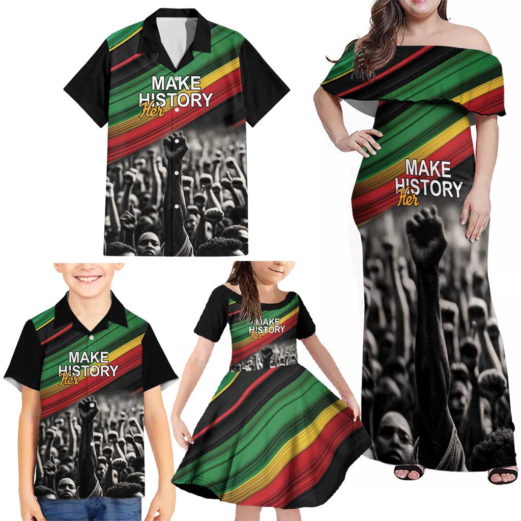 Make His-Herstories Family Matching Off Shoulder Maxi Dress and Hawaiian Shirt Black Power Hand and Pan-African Flag LT9 - Wonder Print Shop