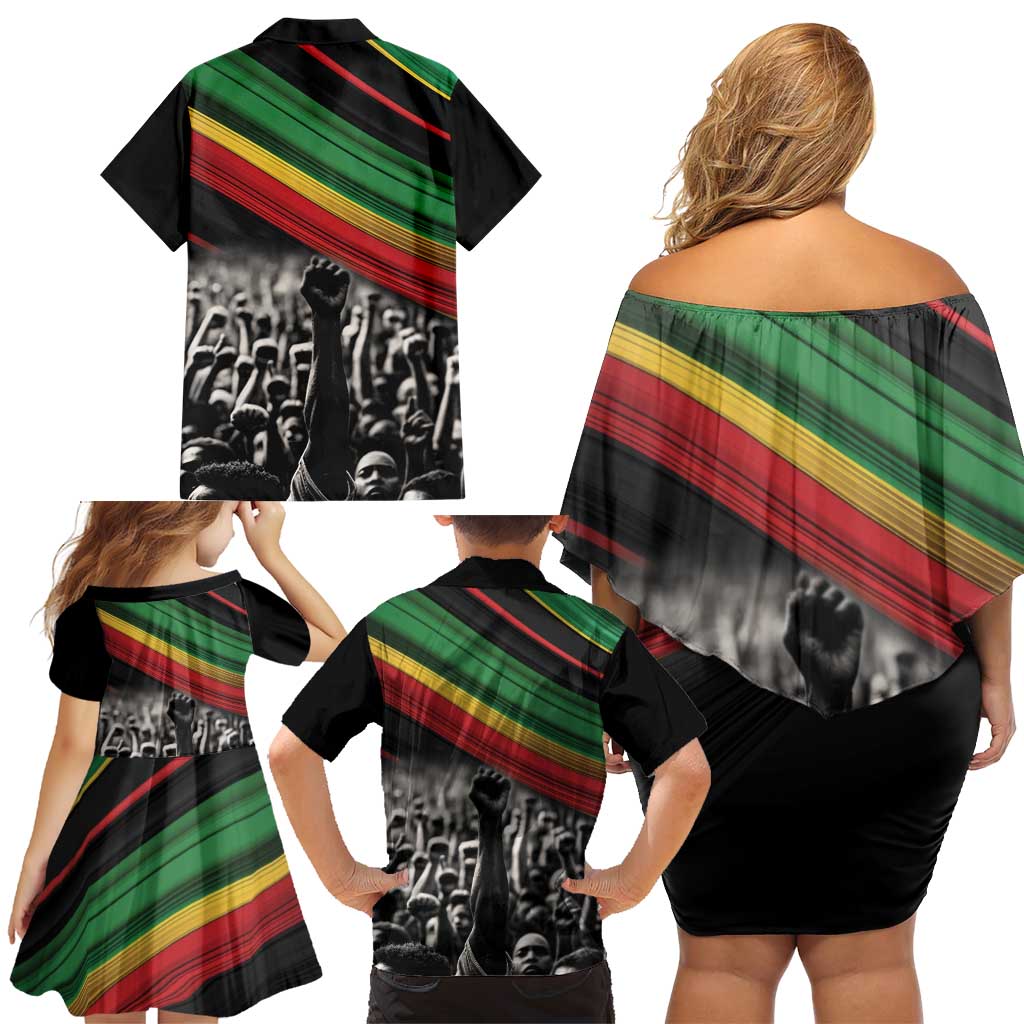 Make His-Herstories Family Matching Off Shoulder Short Dress and Hawaiian Shirt Black Power Hand and Pan-African Flag LT9 - Wonder Print Shop