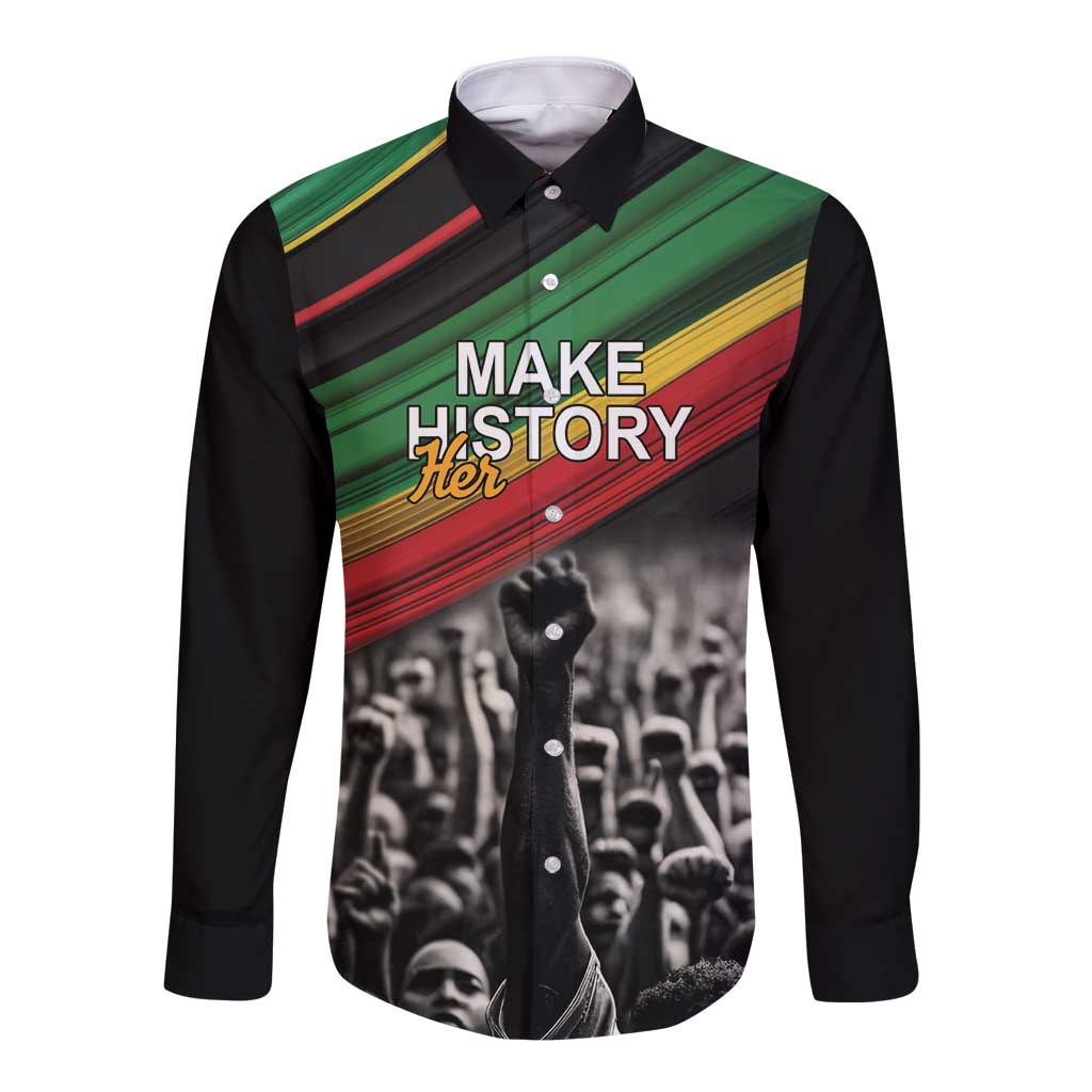 Make His-Herstories Long Sleeve Button Shirt Black Power Hand and Pan-African Flag - Wonder Print Shop