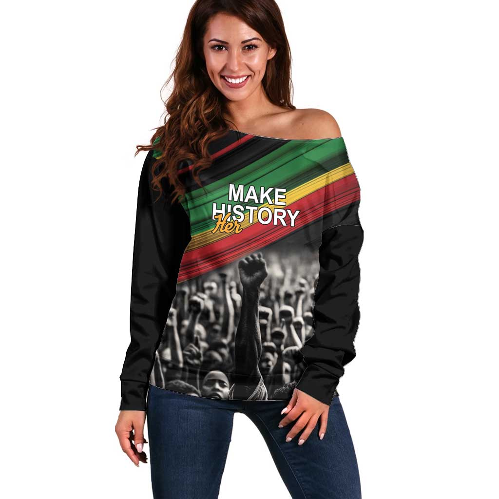 Make His-Herstories Off Shoulder Sweater Black Power Hand and Pan-African Flag - Wonder Print Shop