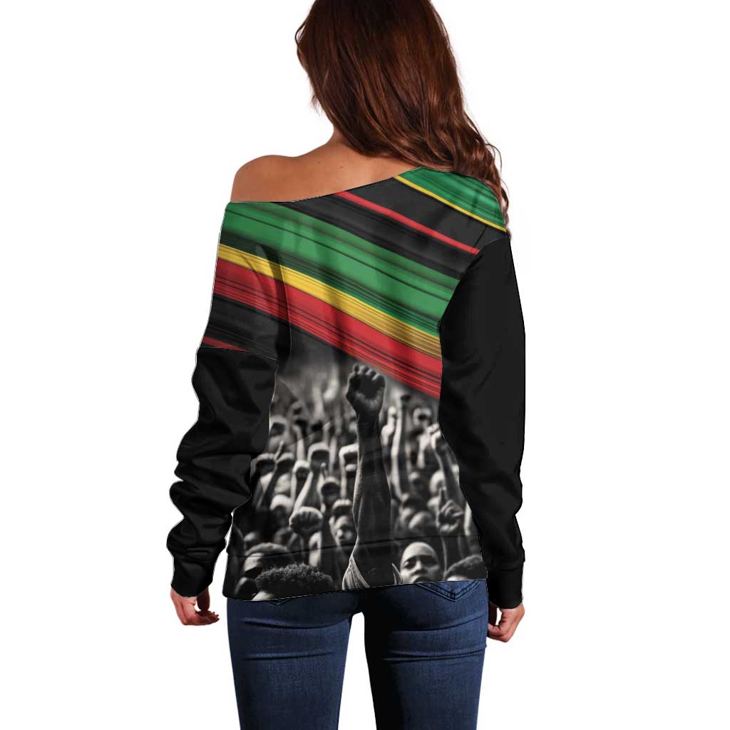 Make His-Herstories Off Shoulder Sweater Black Power Hand and Pan-African Flag - Wonder Print Shop