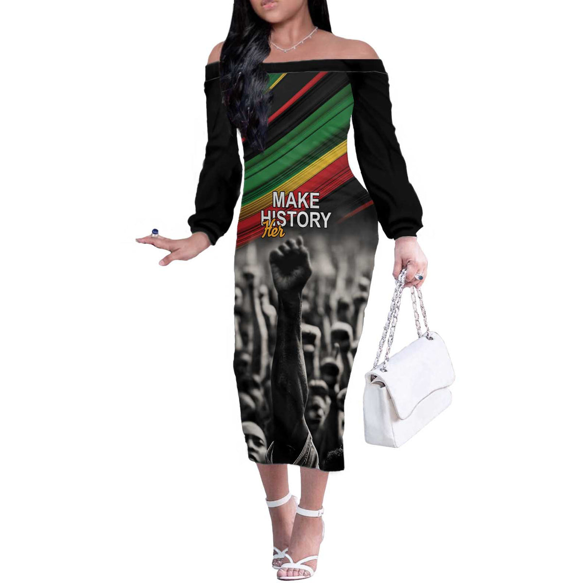 Make His-Herstories Off The Shoulder Long Sleeve Dress Black Power Hand and Pan-African Flag - Wonder Print Shop