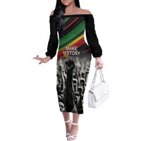 Make His-Herstories Off The Shoulder Long Sleeve Dress Black Power Hand and Pan-African Flag - Wonder Print Shop