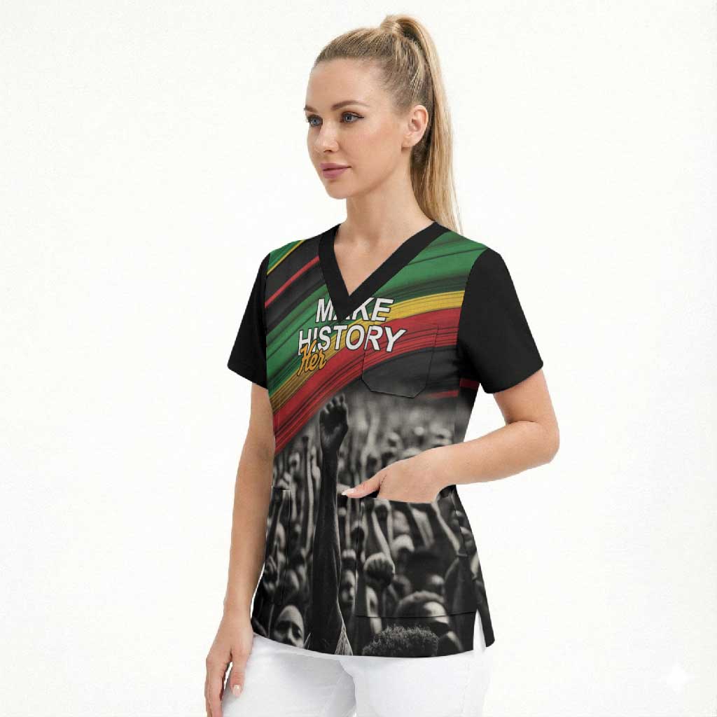 African-American History Month Scrub Top Black Power Hand Make His-Herstories