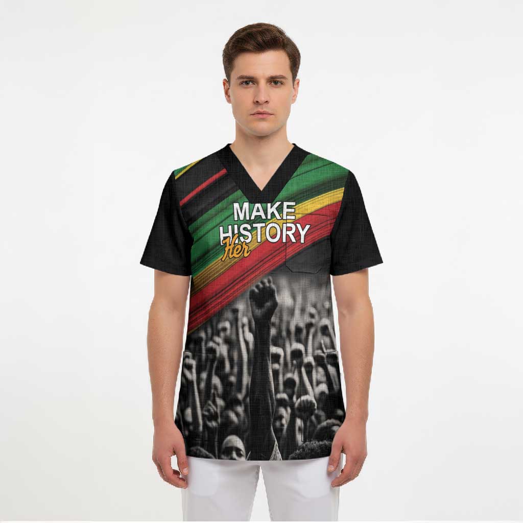 African-American History Month Scrub Top Black Power Hand Make His-Herstories