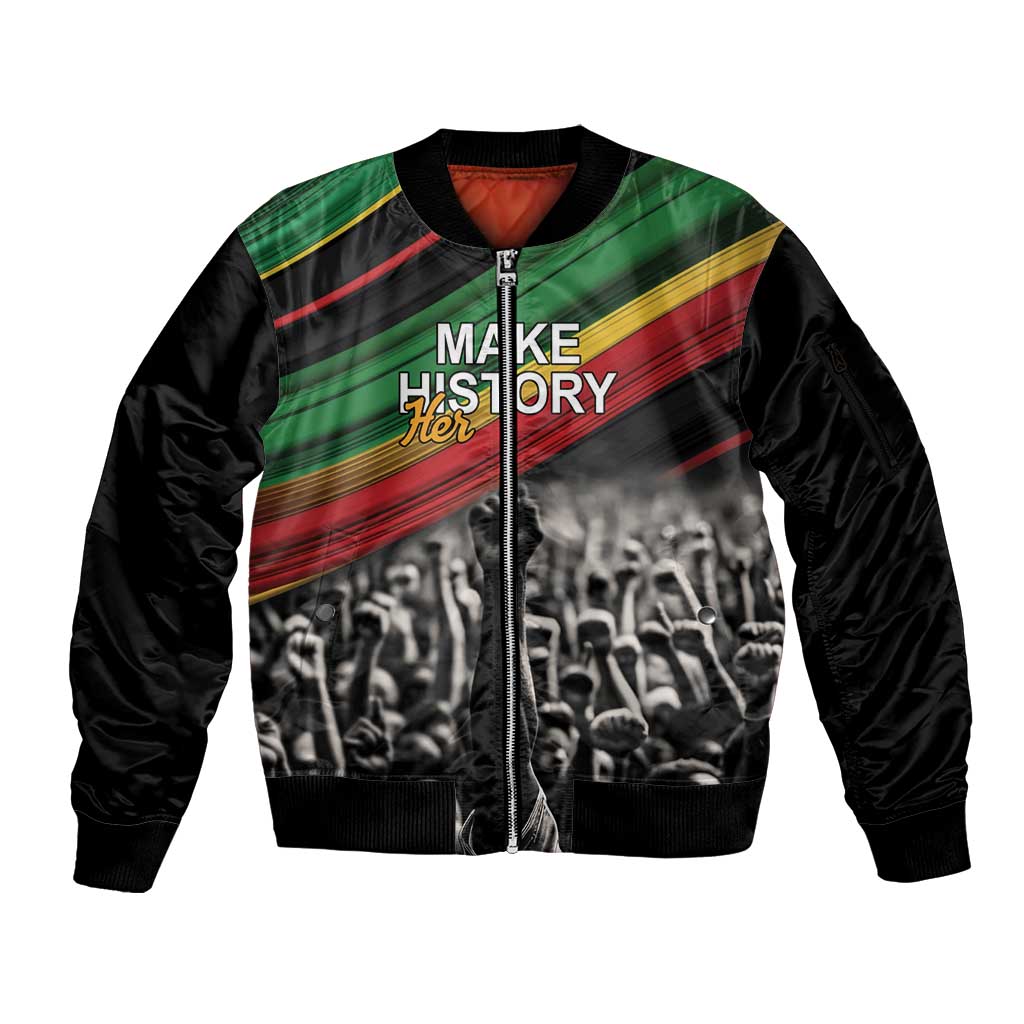 Make His-Herstories Sleeve Zip Bomber Jacket Black Power Hand and Pan-African Flag - Wonder Print Shop