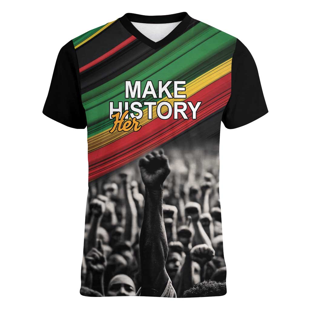 Make His-Herstories Women V-Neck T-Shirt Black Power Hand and Pan-African Flag - Wonder Print Shop