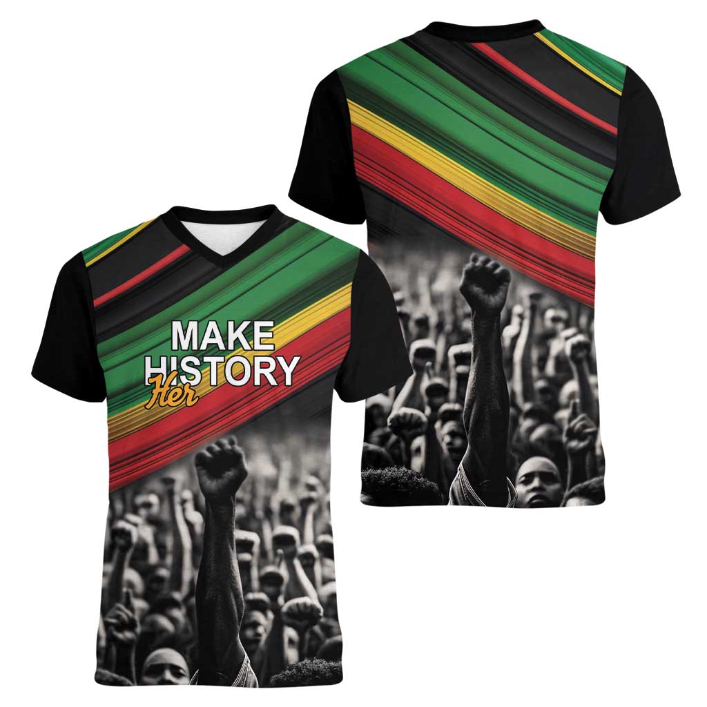 Make His-Herstories Women V-Neck T-Shirt Black Power Hand and Pan-African Flag - Wonder Print Shop