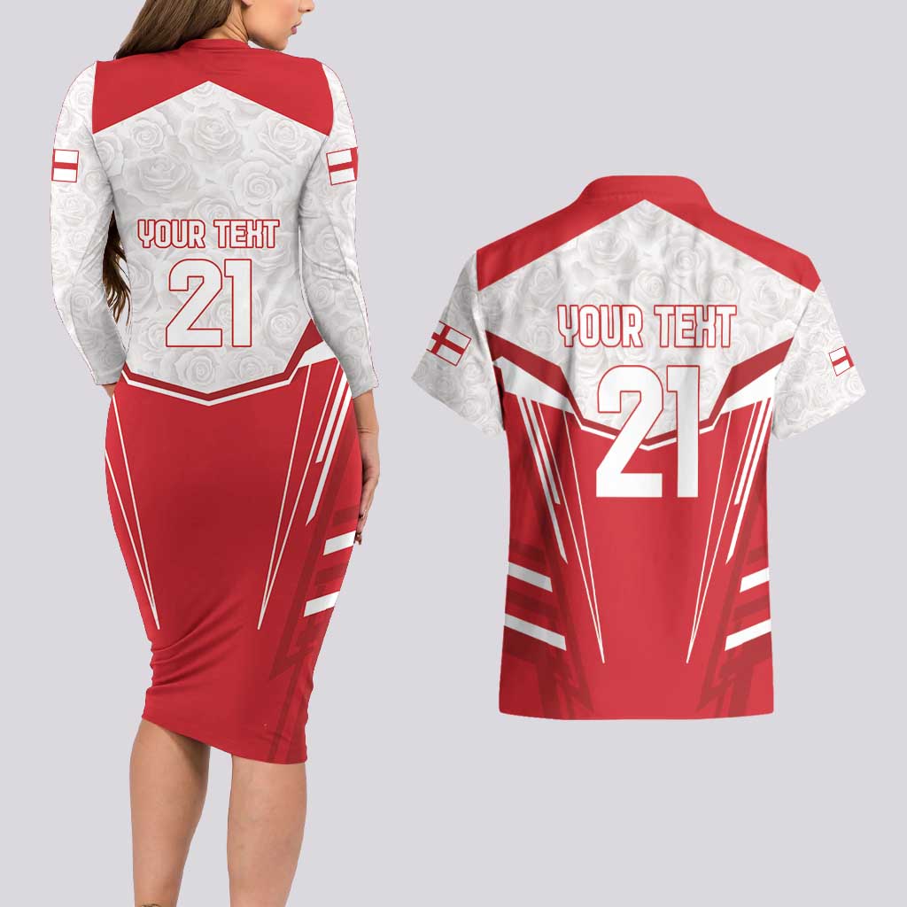 England Rugby Custom Couples Matching Long Sleeve Bodycon Dress and Hawaiian Shirt English Bull Dog Mascot Sporty